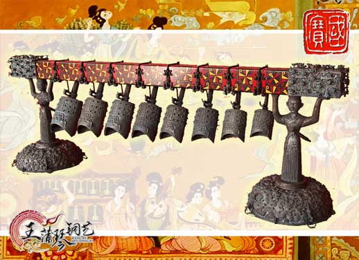 8件古編鐘，銅人銅座裝飾，可發(fā)音